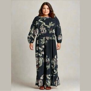 LuLaRoe Evelyn Smocked Waist Maxi Dress 2XL Black w/ Rose Green